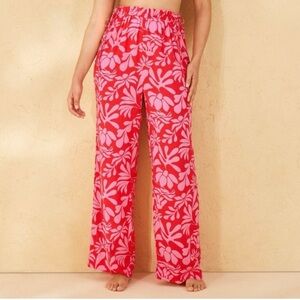 Shade & Shore Women's Ruffle Waist Cover Up Pants Red & Pink Floral M